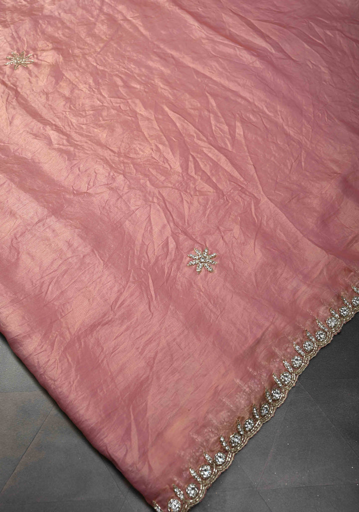 Rose Pink Shimmer Georgette Saree with Cutdana, Stone Work and Scallop Border