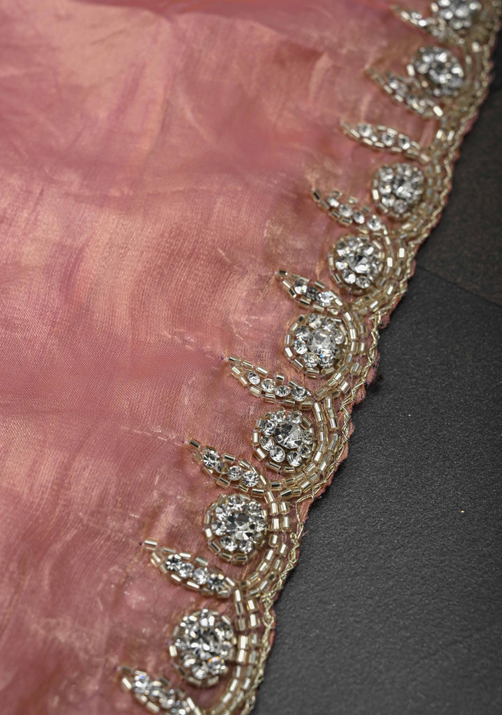 Rose Pink Shimmer Georgette Saree with Cutdana, Stone Work and Scallop Border