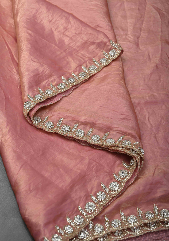 Rose Pink Shimmer Georgette Saree with Cutdana, Stone Work and Scallop Border