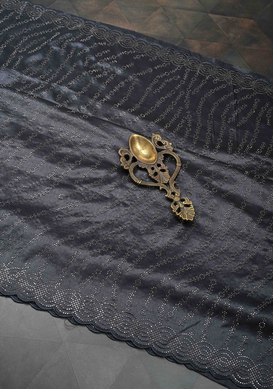 Deep Gray Chinon Saree with Tone on Tone Powder Stones Work and Scallop Border