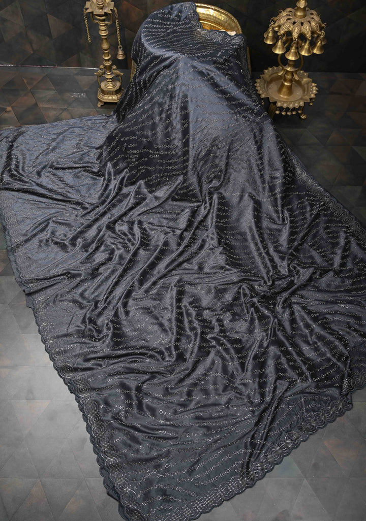 Deep Gray Chinon Saree with Tone on Tone Powder Stones Work and Scallop Border