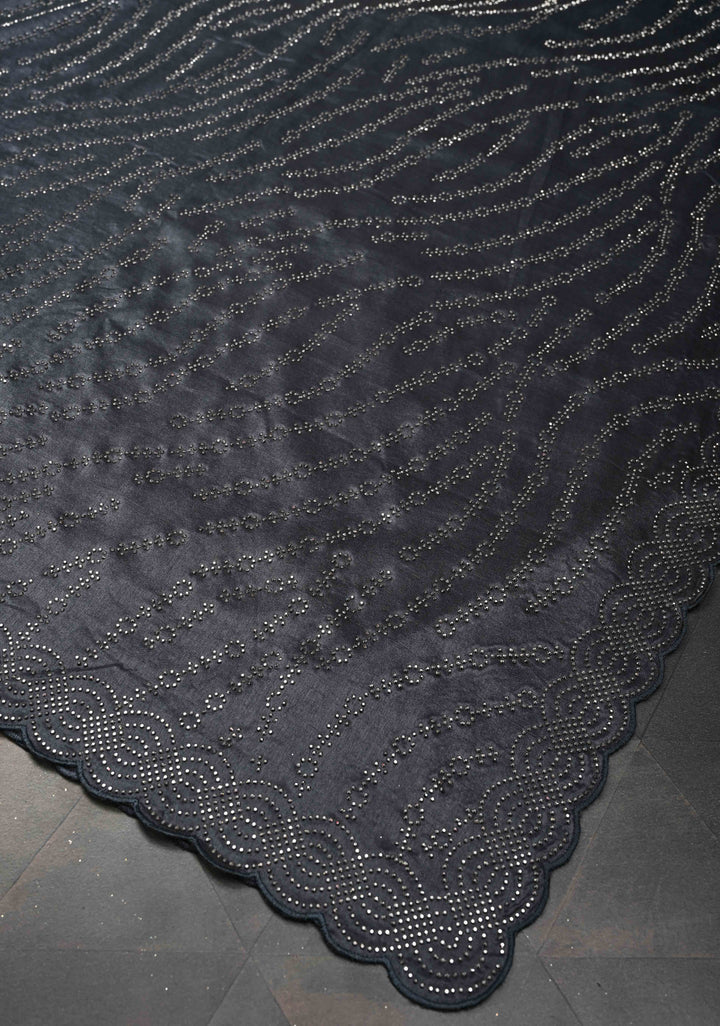 Deep Gray Chinon Saree with Tone on Tone Powder Stones Work and Scallop Border