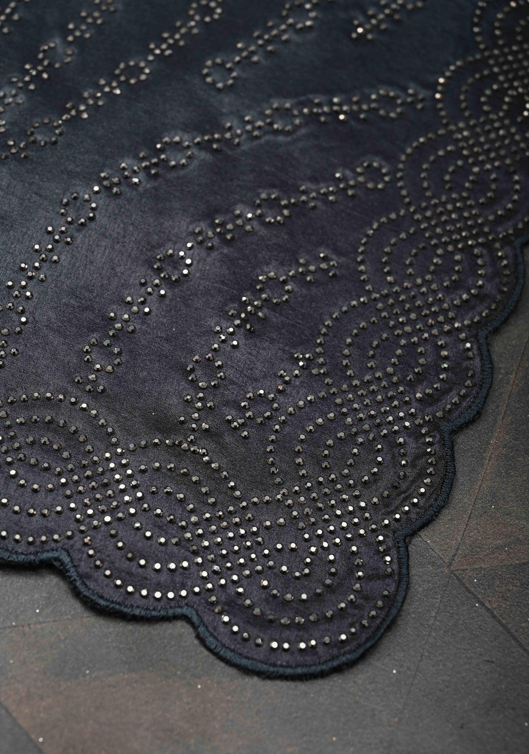 Deep Gray Chinon Saree with Tone on Tone Powder Stones Work and Scallop Border