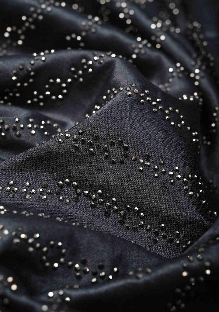 Deep Gray Chinon Saree with Tone on Tone Powder Stones Work and Scallop Border