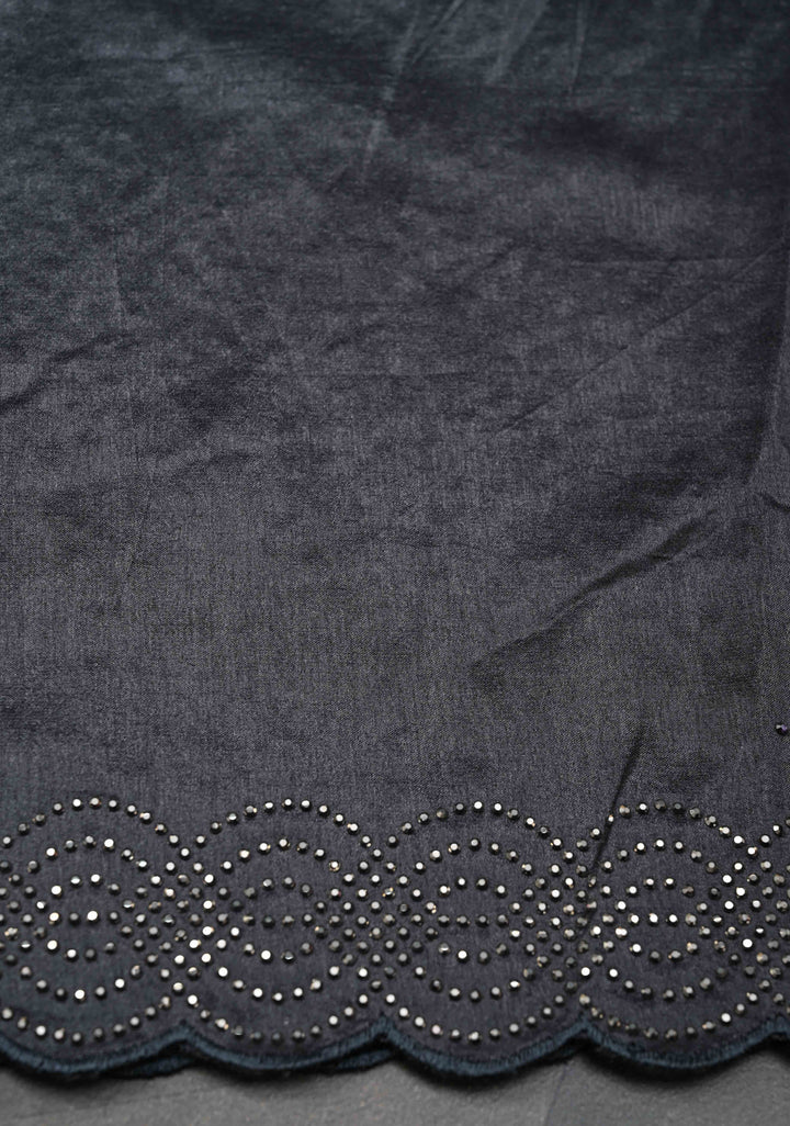 Deep Gray Chinon Saree with Tone on Tone Powder Stones Work and Scallop Border