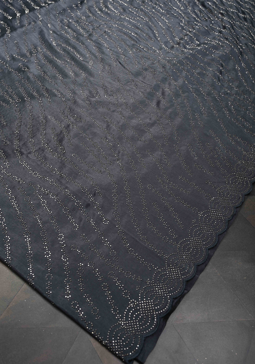 Deep Gray Chinon Saree with Tone on Tone Powder Stones Work and Scallop Border