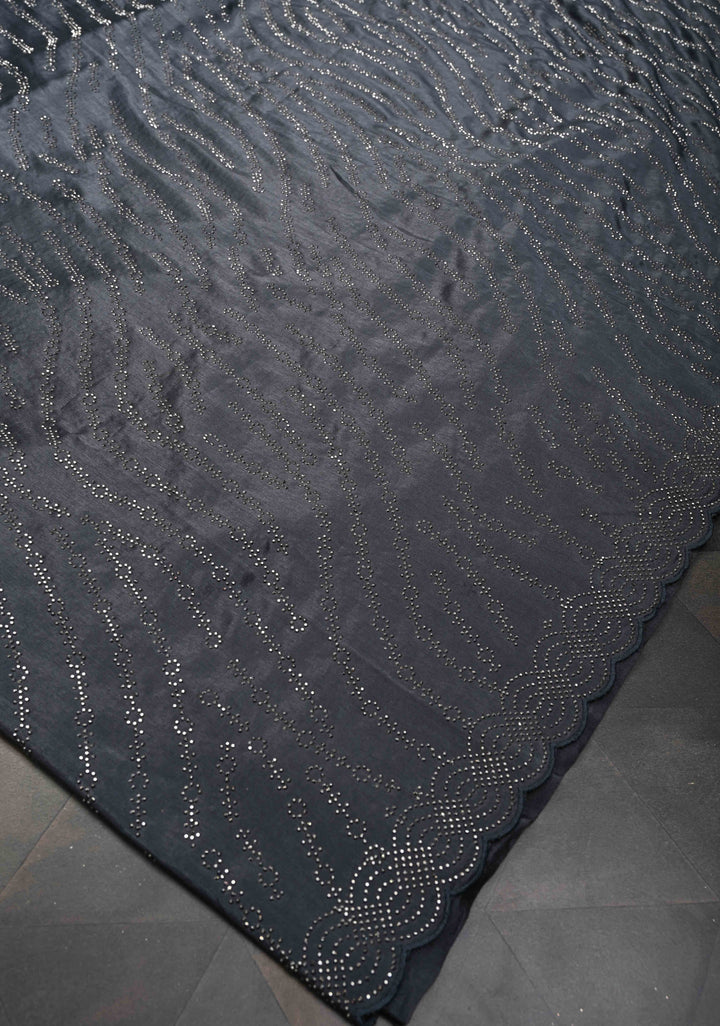 Deep Gray Chinon Saree with Tone on Tone Powder Stones Work and Scallop Border