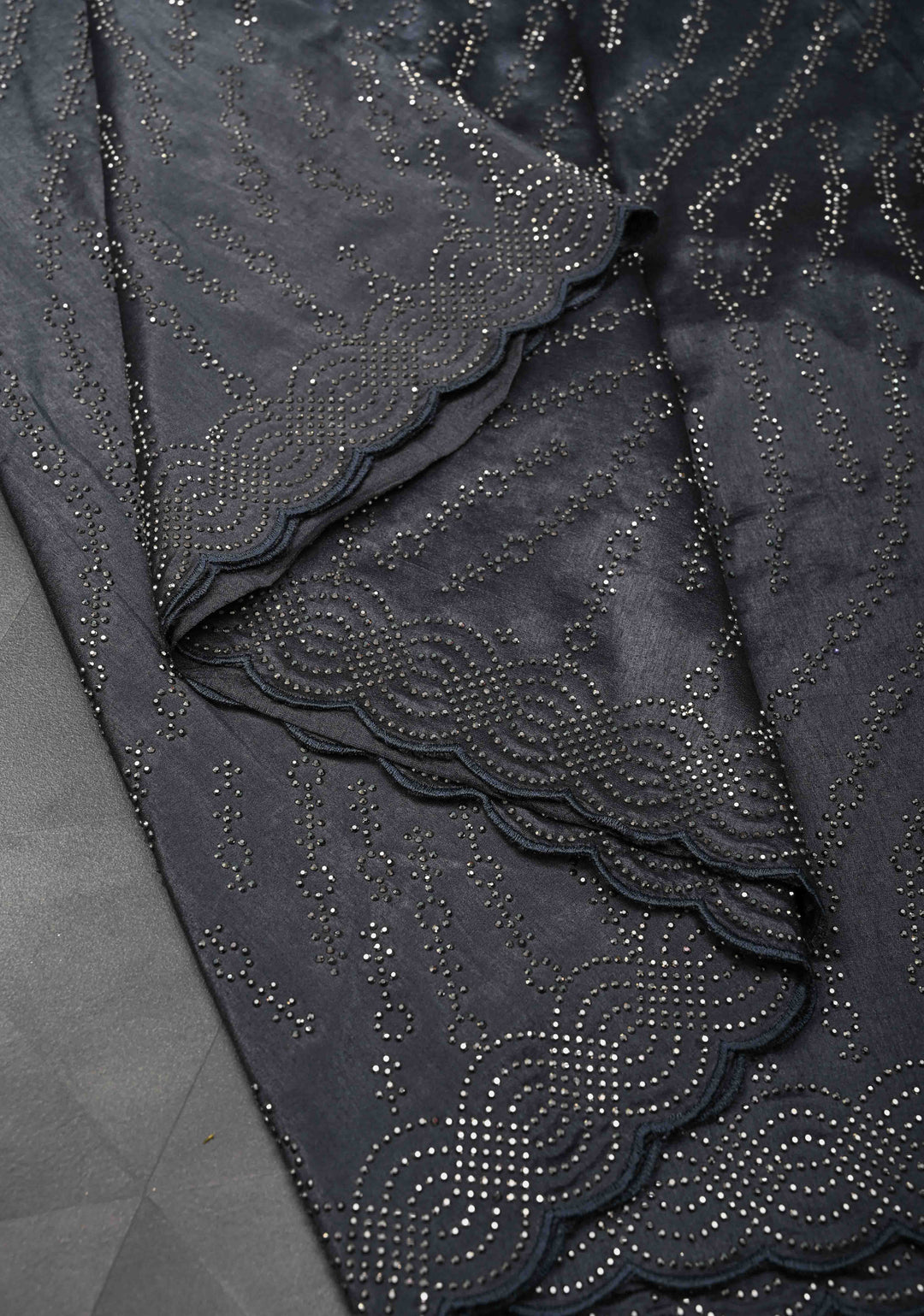 Deep Gray Chinon Saree with Tone on Tone Powder Stones Work and Scallop Border