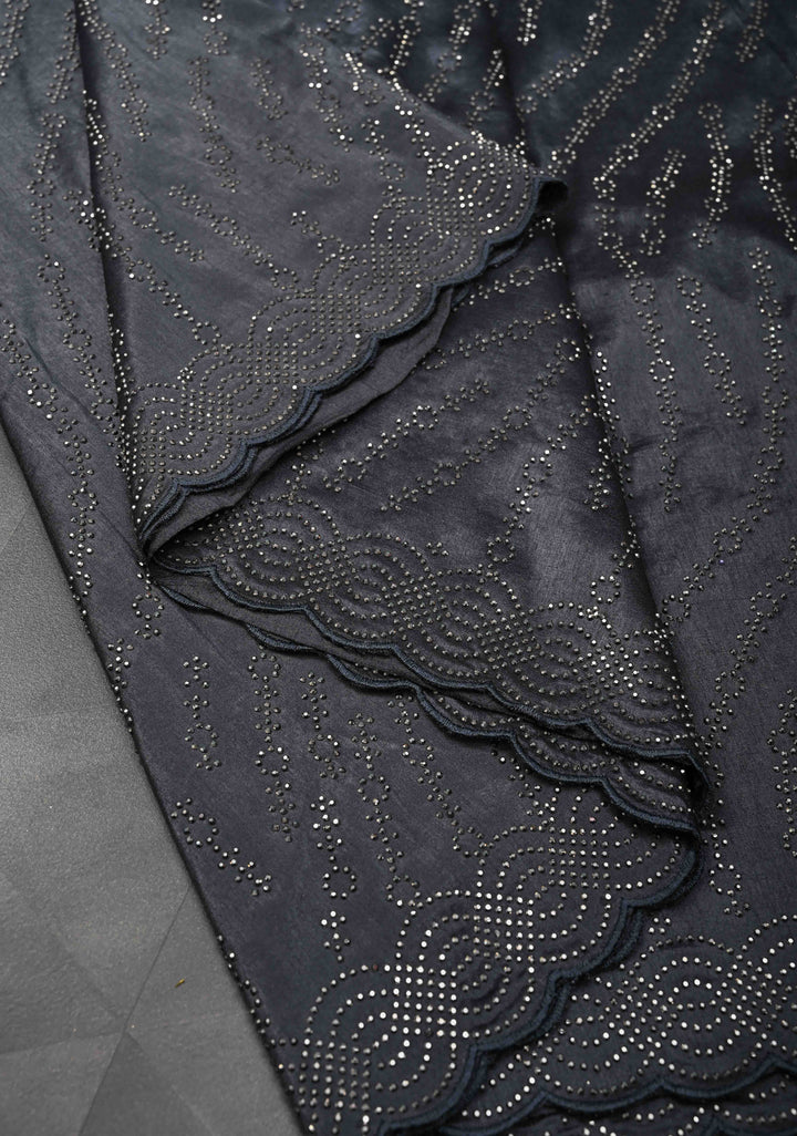 Deep Gray Chinon Saree with Tone on Tone Powder Stones Work and Scallop Border
