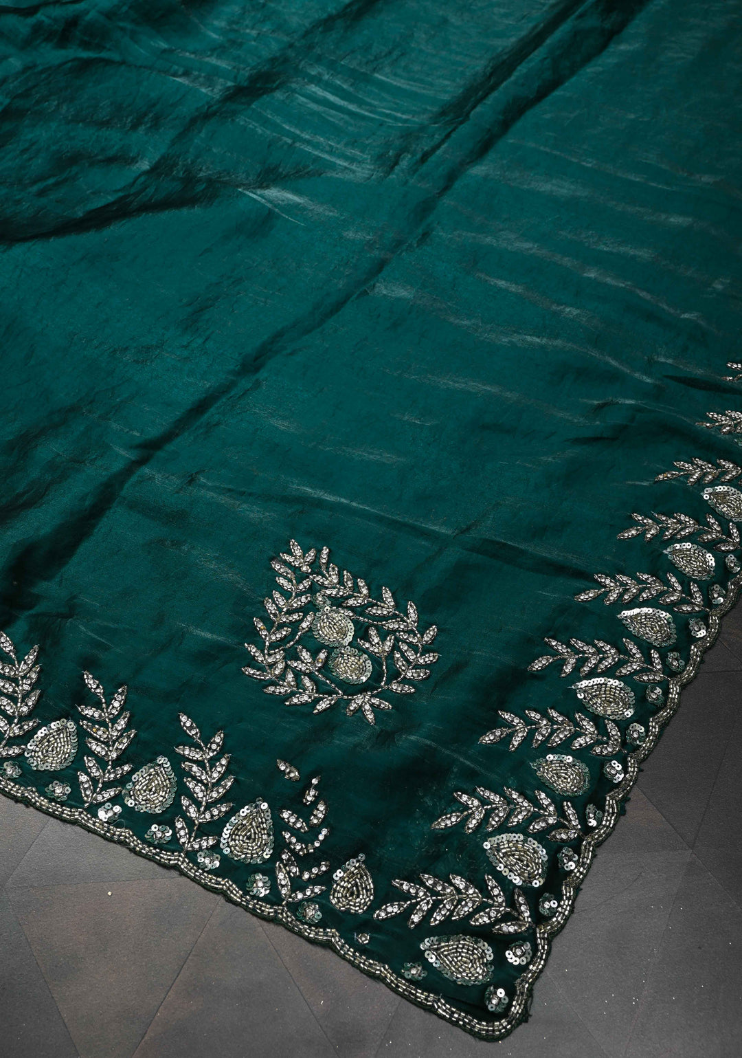 Peacock Blue Shimmer Georgette Saree with Sequins Cutdana Work and Scallop Border