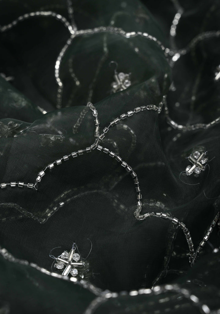 Deep Green Jaal on Organza Saree with Cutdana, Stone, Moti Embroidery and Kundan Scallop Border