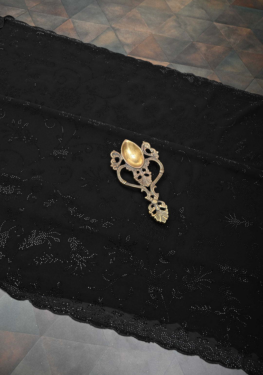 Black Georgette Saree with Tone on Tone Powder Stones Work and Scallop Border