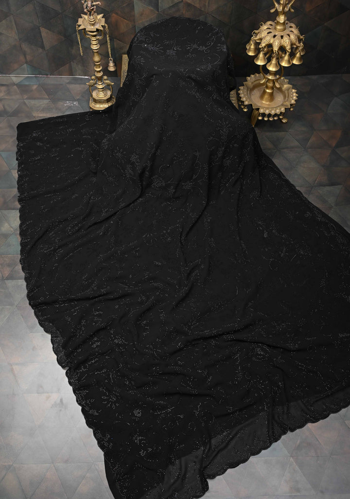 Black Georgette Saree with Tone on Tone Powder Stones Work and Scallop Border