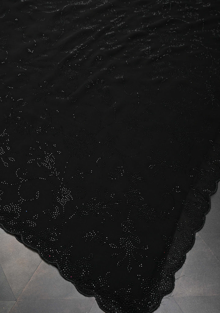 Black Georgette Saree with Tone on Tone Powder Stones Work and Scallop Border