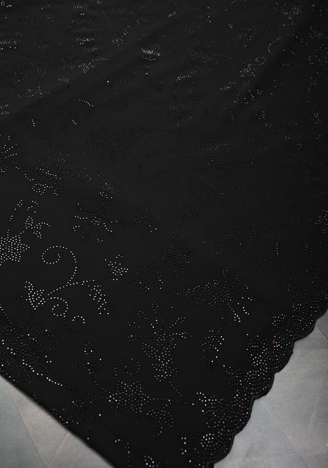 Black Georgette Saree with Tone on Tone Powder Stones Work and Scallop Border