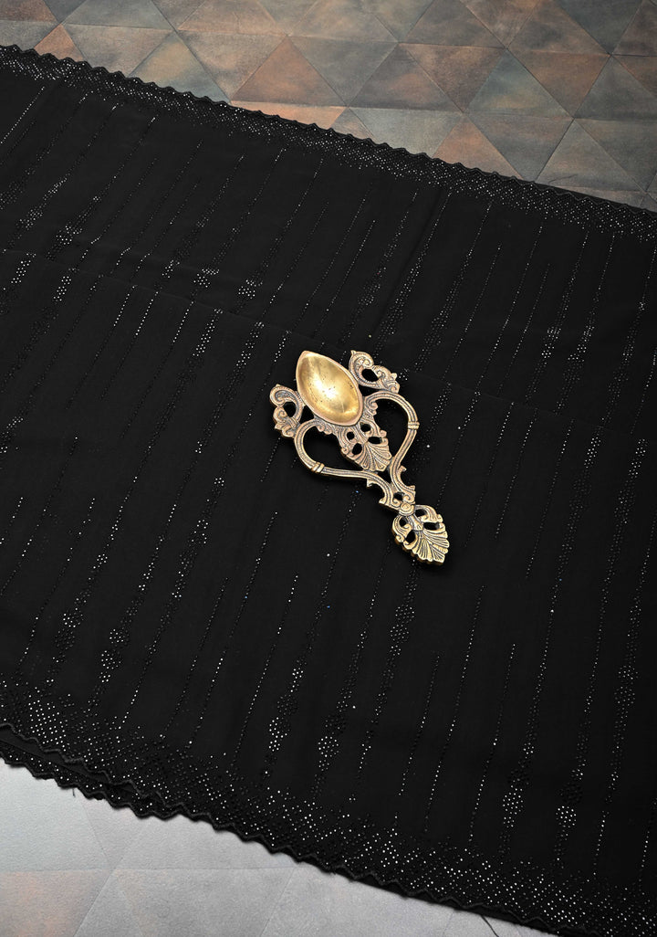 Black Tone on Tone Powder Stones Work on Georgette Saree with Stripes and Scallop Border