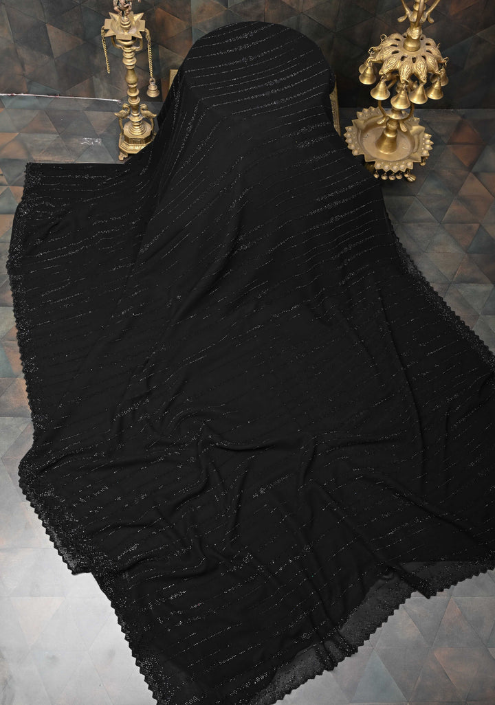 Black Tone on Tone Powder Stones Work on Georgette Saree with Stripes and Scallop Border
