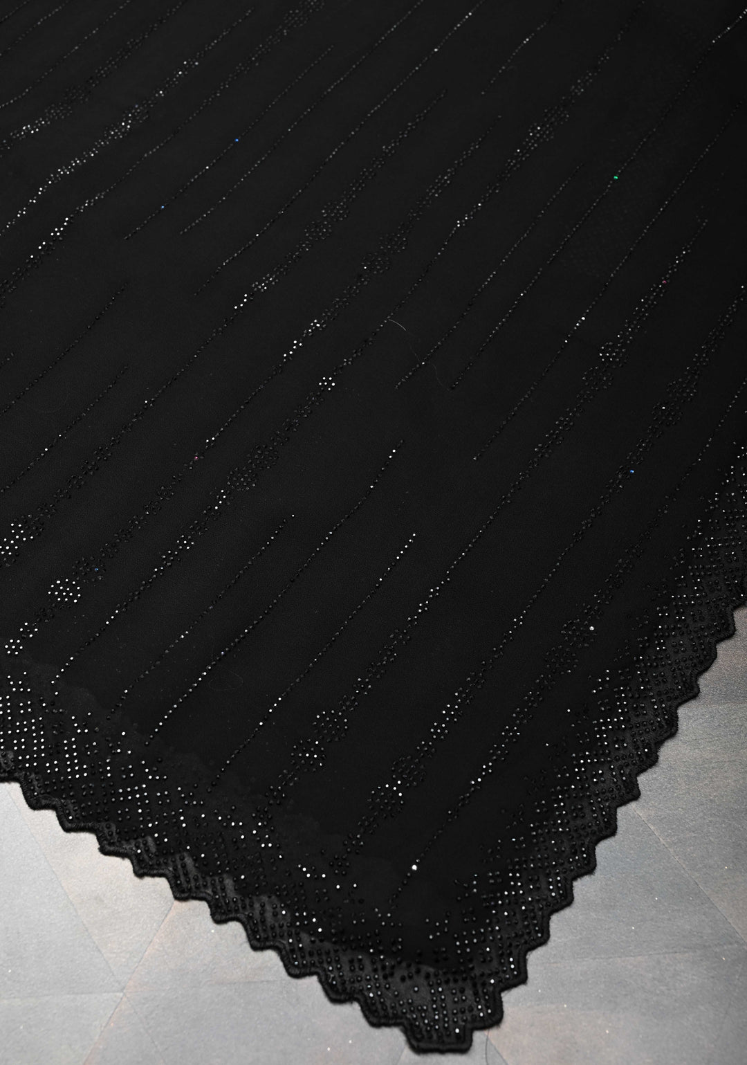 Black Tone on Tone Powder Stones Work on Georgette Saree with Stripes and Scallop Border