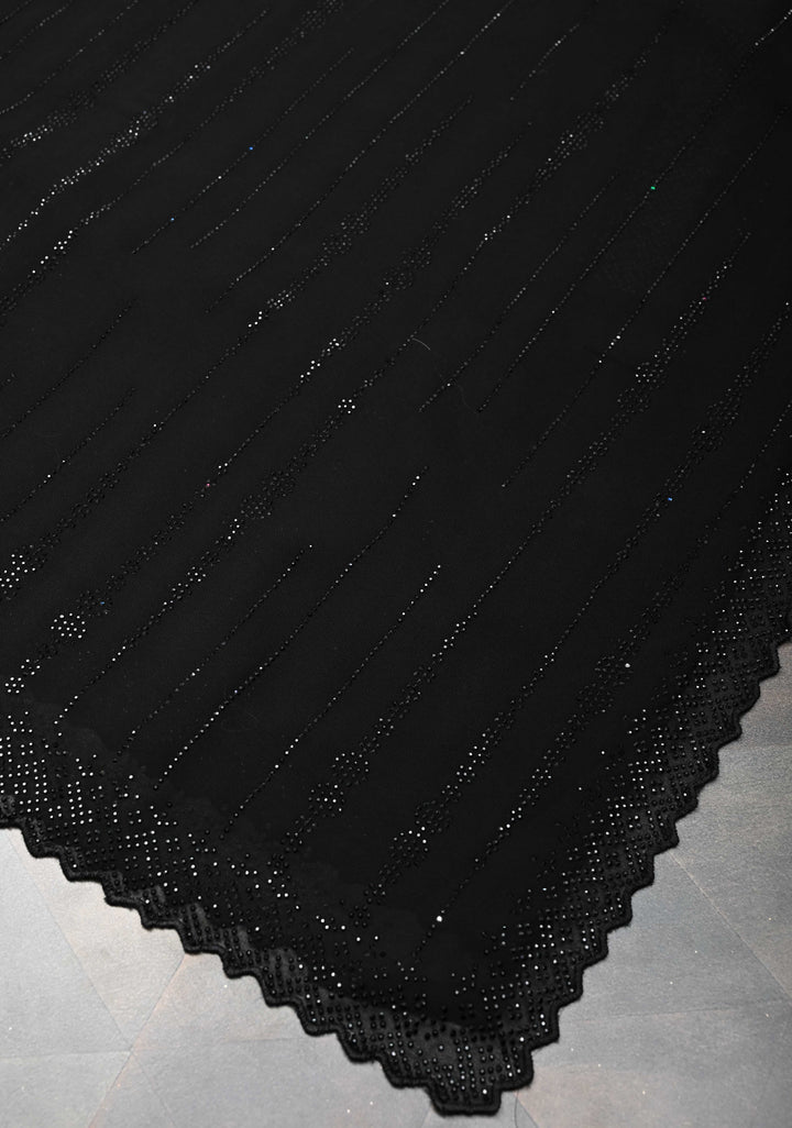 Black Tone on Tone Powder Stones Work on Georgette Saree with Stripes and Scallop Border