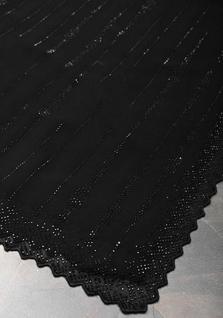 Black Tone on Tone Powder Stones Work on Georgette Saree with Stripes and Scallop Border