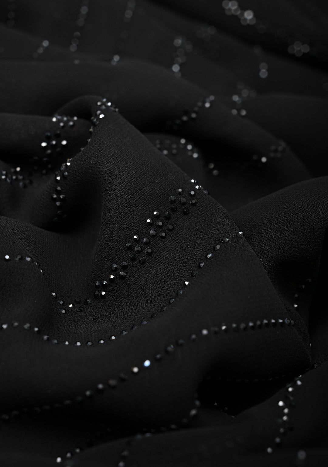 Black Tone on Tone Powder Stones Work on Georgette Saree with Stripes and Scallop Border