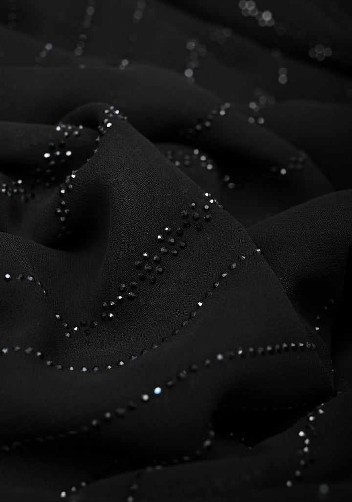 Black Tone on Tone Powder Stones Work on Georgette Saree with Stripes and Scallop Border