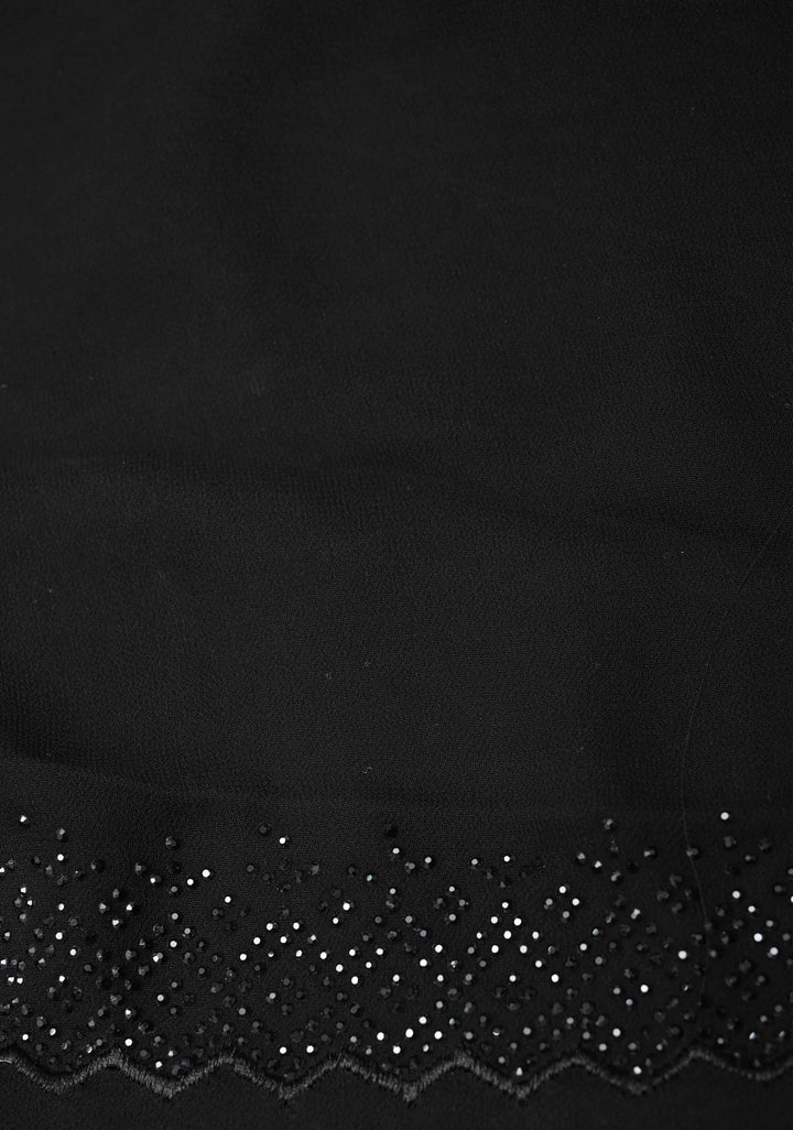 Black Tone on Tone Powder Stones Work on Georgette Saree with Stripes and Scallop Border