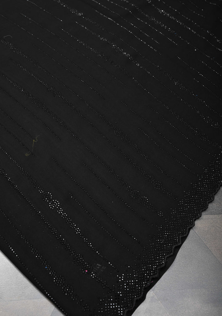Black Tone on Tone Powder Stones Work on Georgette Saree with Stripes and Scallop Border