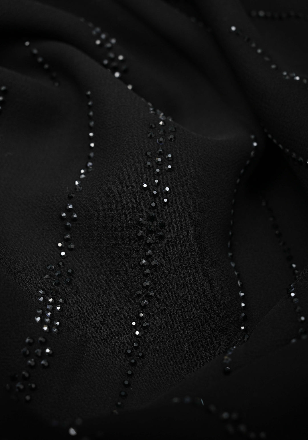 Black Tone on Tone Powder Stones Work on Georgette Saree with Stripes and Scallop Border