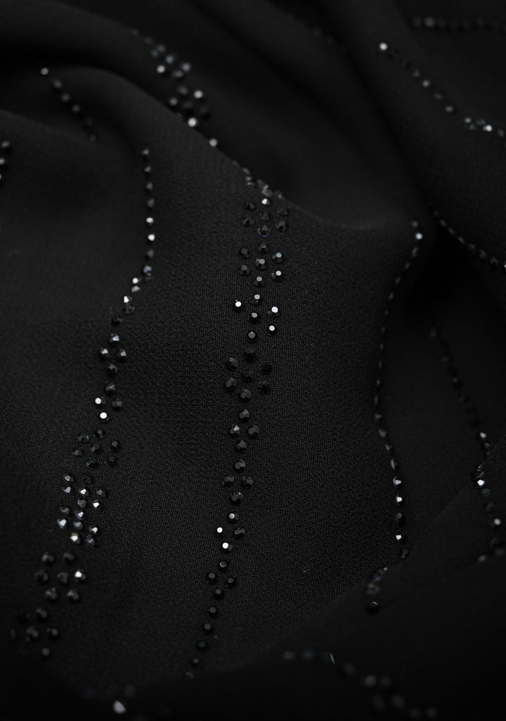 Black Tone on Tone Powder Stones Work on Georgette Saree with Stripes and Scallop Border