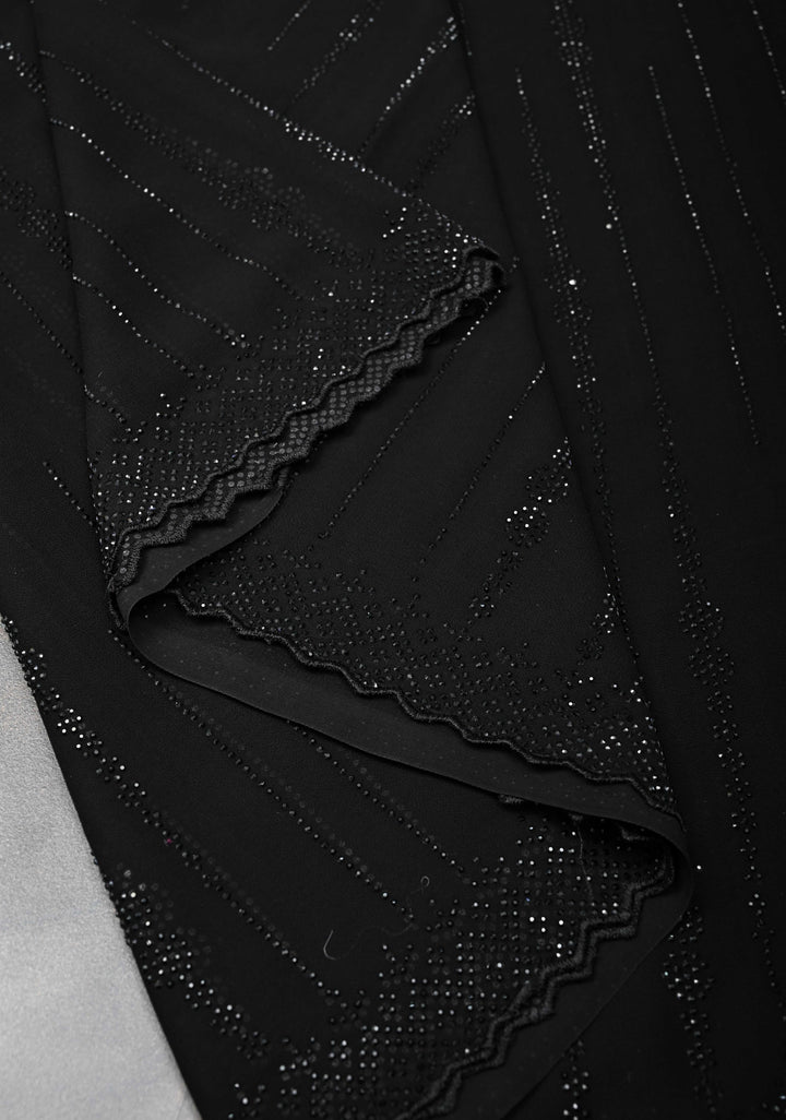 Black Tone on Tone Powder Stones Work on Georgette Saree with Stripes and Scallop Border
