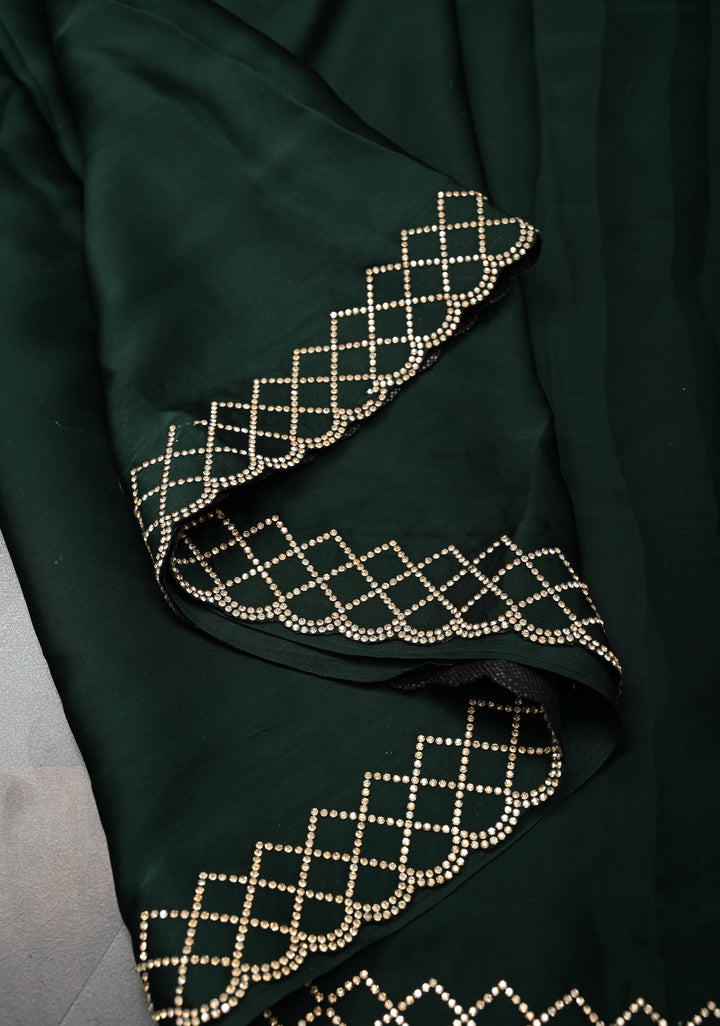 Bottle Green Satin Saree with Stone work Scallop border