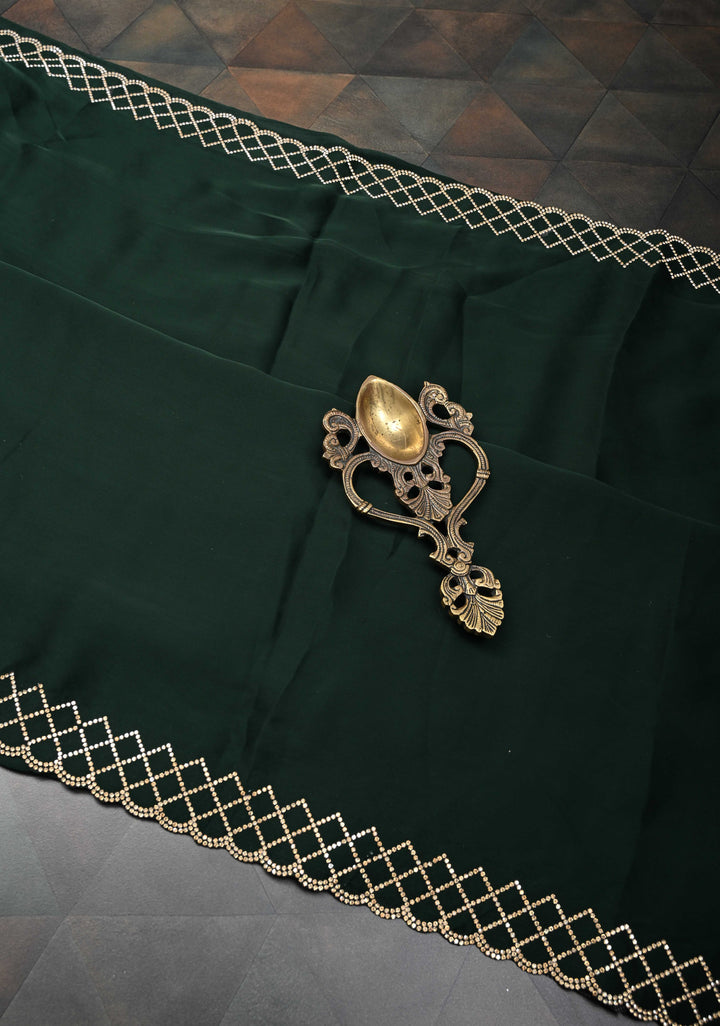 Bottle Green Satin Saree with Stone work Scallop border