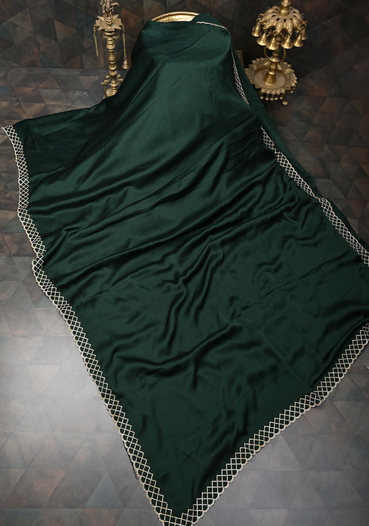 Bottle Green Satin Saree with Stone work Scallop border