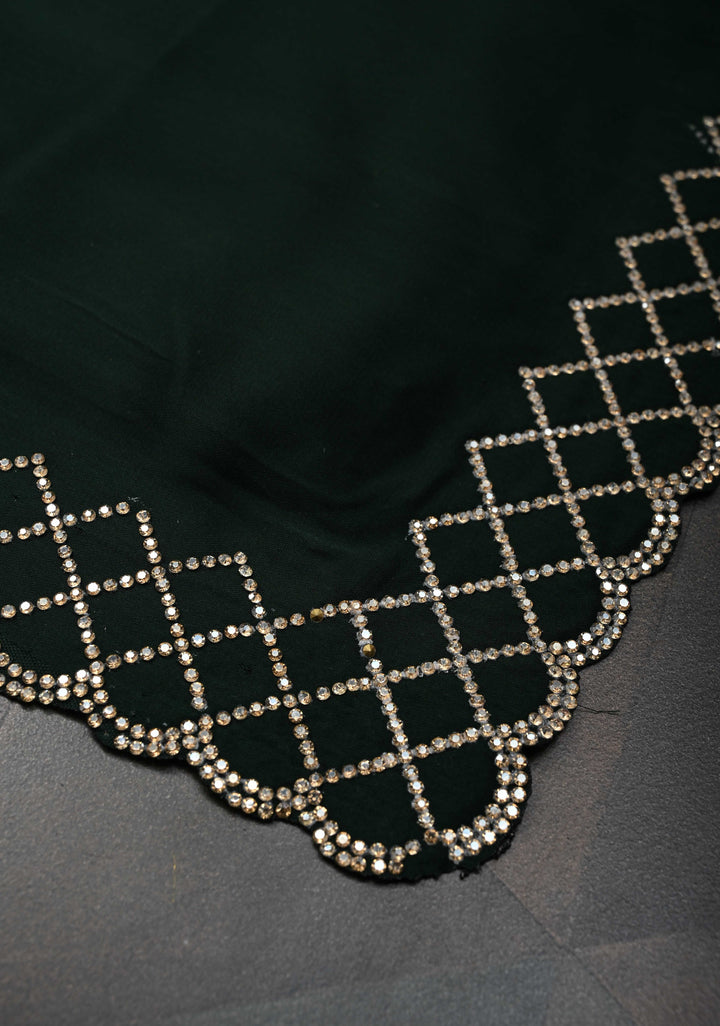 Bottle Green Satin Saree with Stone work Scallop border
