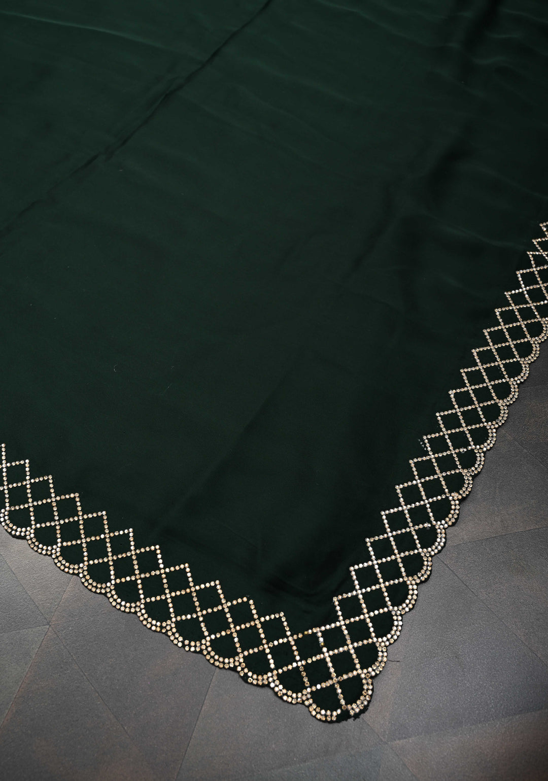 Bottle Green Satin Saree with Stone work Scallop border