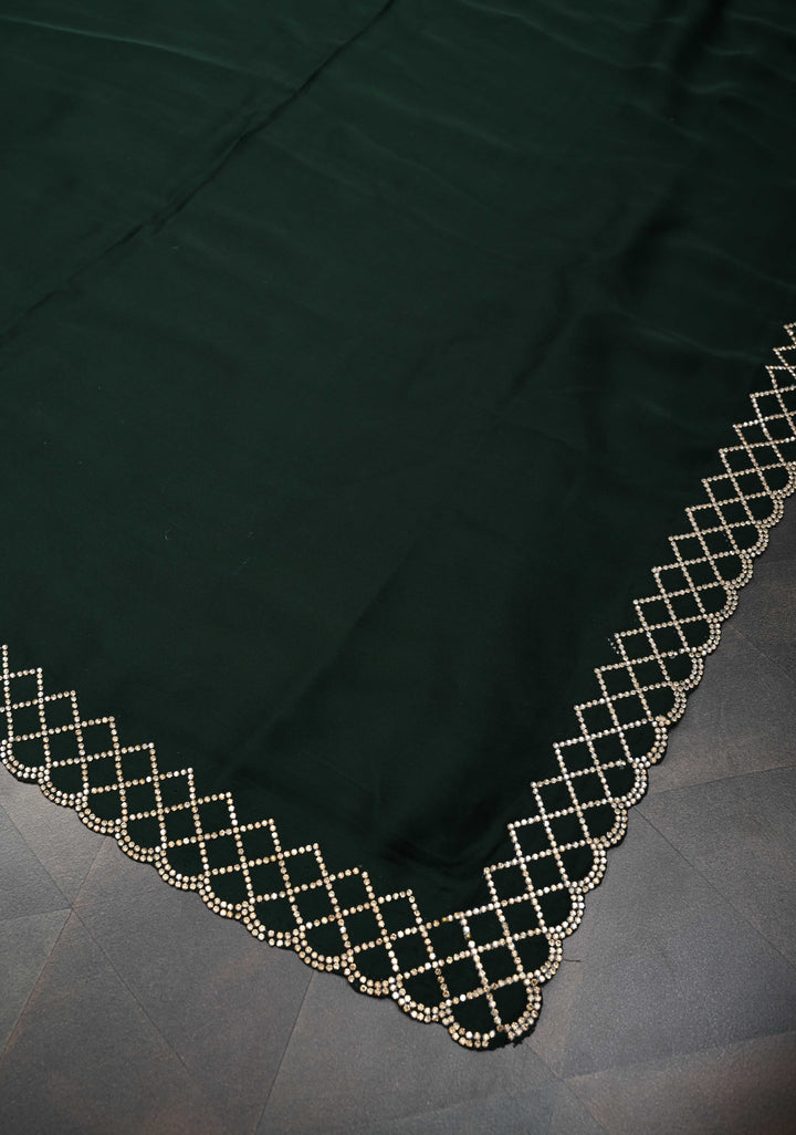 Bottle Green Satin Saree with Stone work Scallop border
