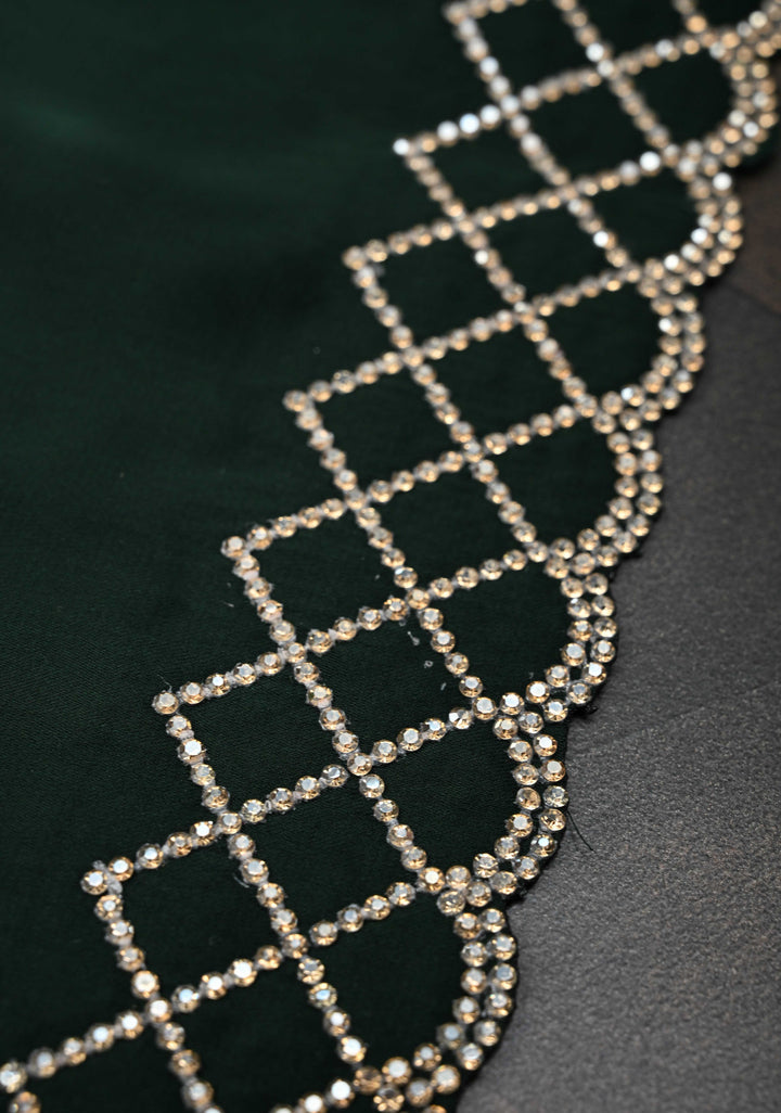 Bottle Green Satin Saree with Stone work Scallop border