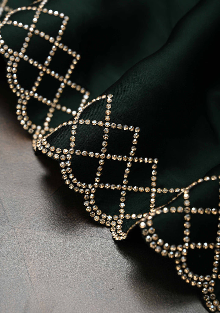 Bottle Green Satin Saree with Stone work Scallop border