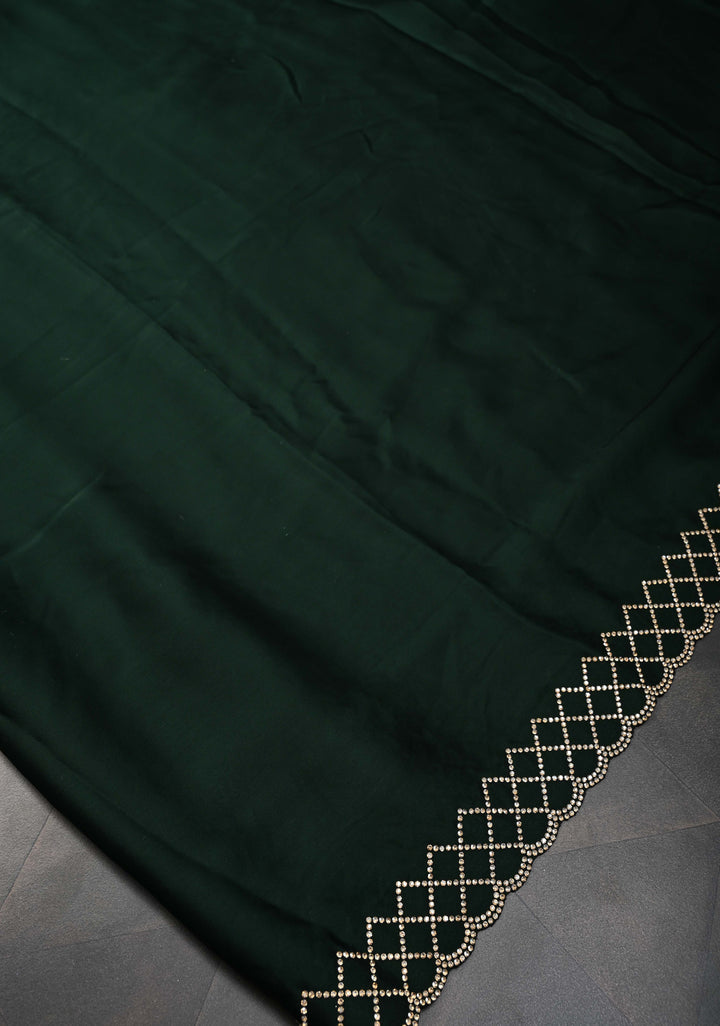 Bottle Green Satin Saree with Stone work Scallop border
