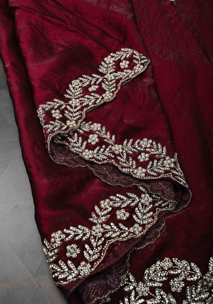 Maroon Shimmer Georgette Saree with Cutdana, Stone Work and moti work