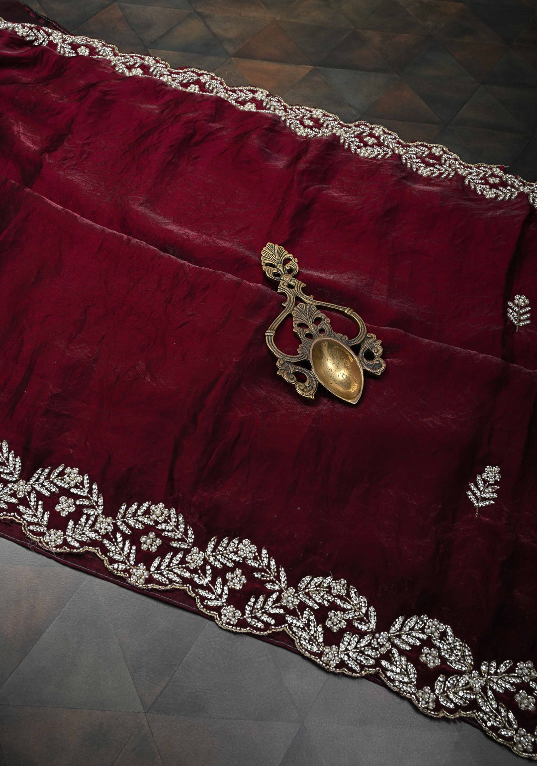 Maroon Shimmer Georgette Saree with Cutdana, Stone Work and moti work