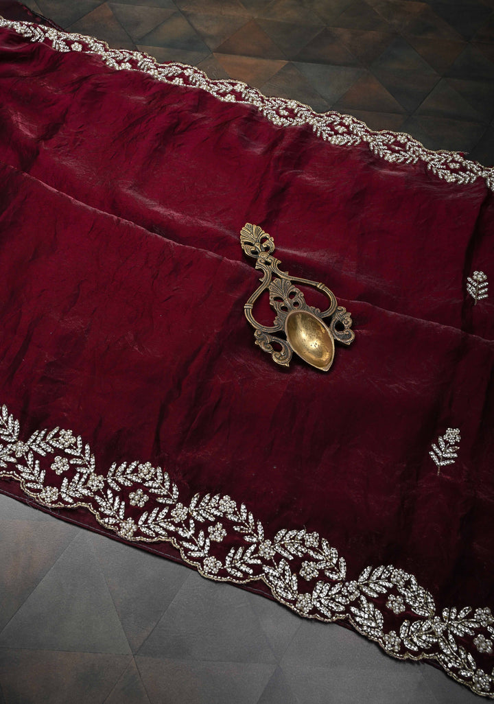 Maroon Shimmer Georgette Saree with Cutdana, Stone Work and moti work