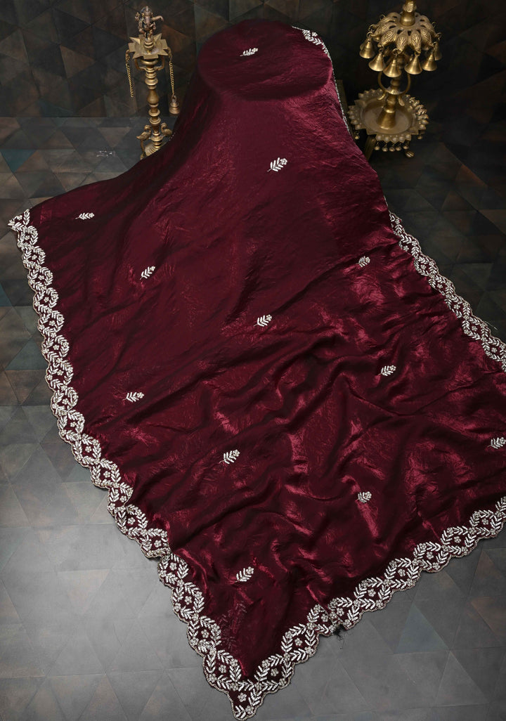 Maroon Shimmer Georgette Saree with Cutdana, Stone Work and moti work