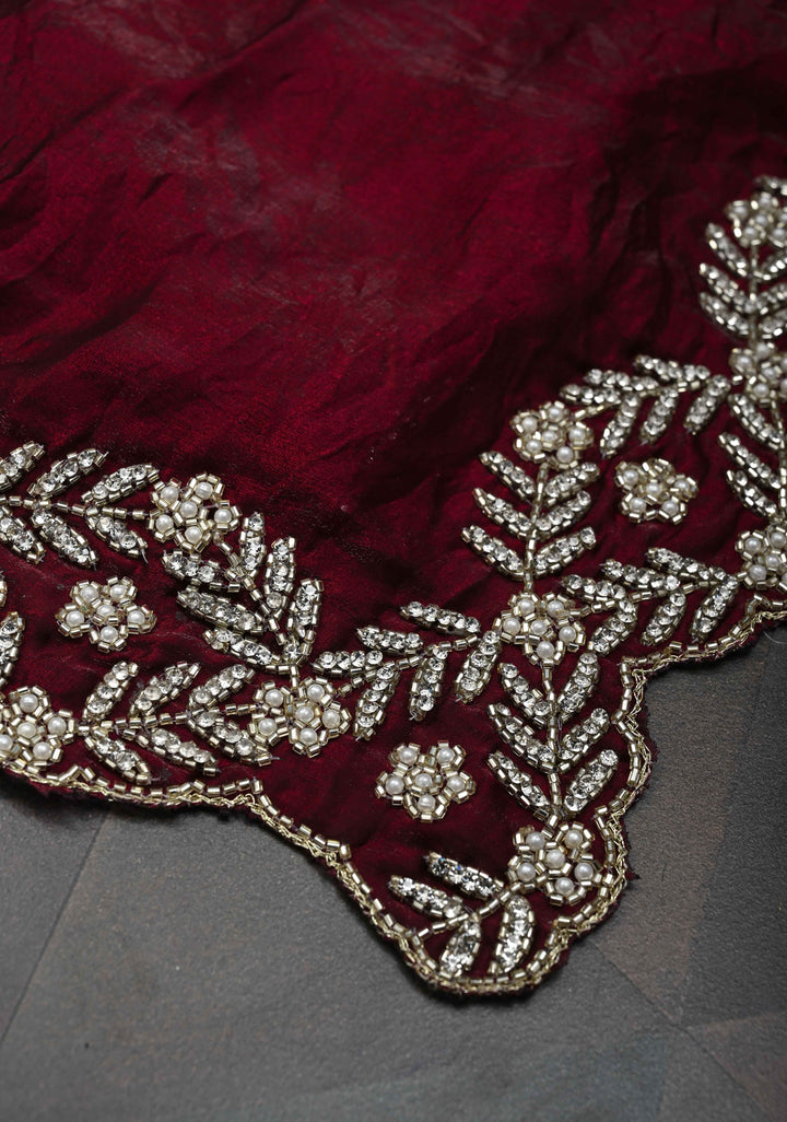 Maroon Shimmer Georgette Saree with Cutdana, Stone Work and moti work