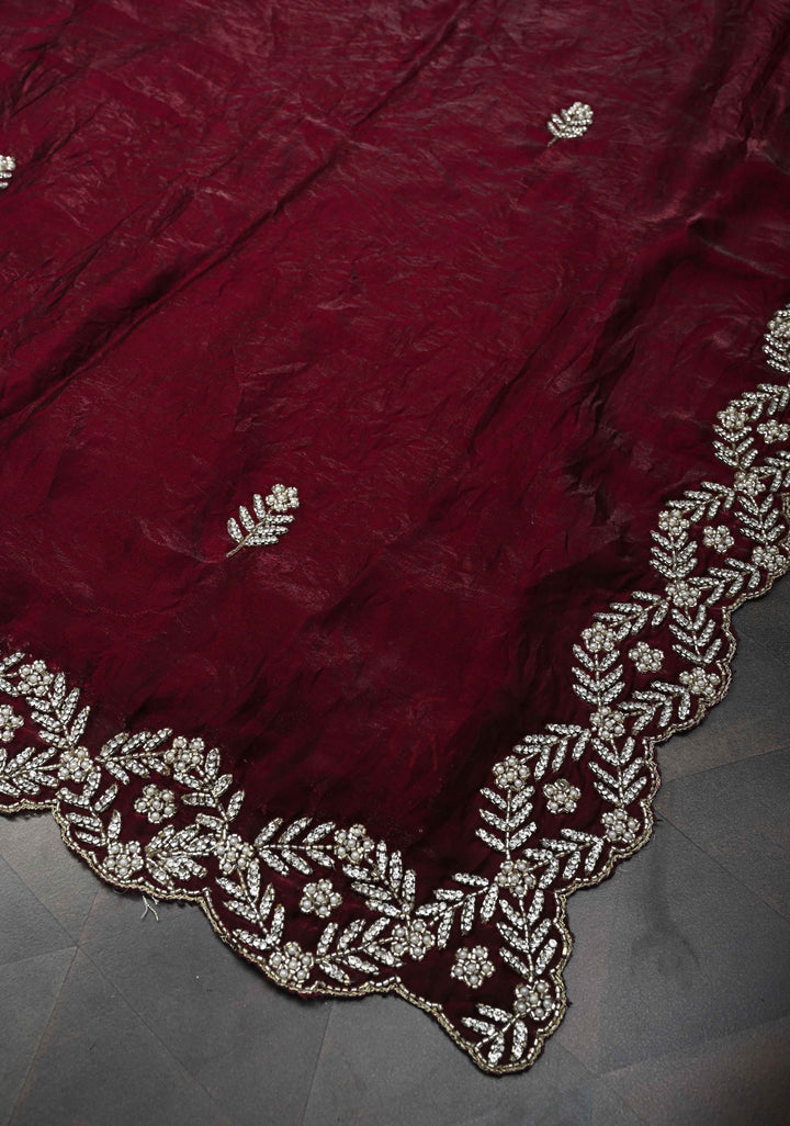 Maroon Shimmer Georgette Saree with Cutdana, Stone Work and moti work