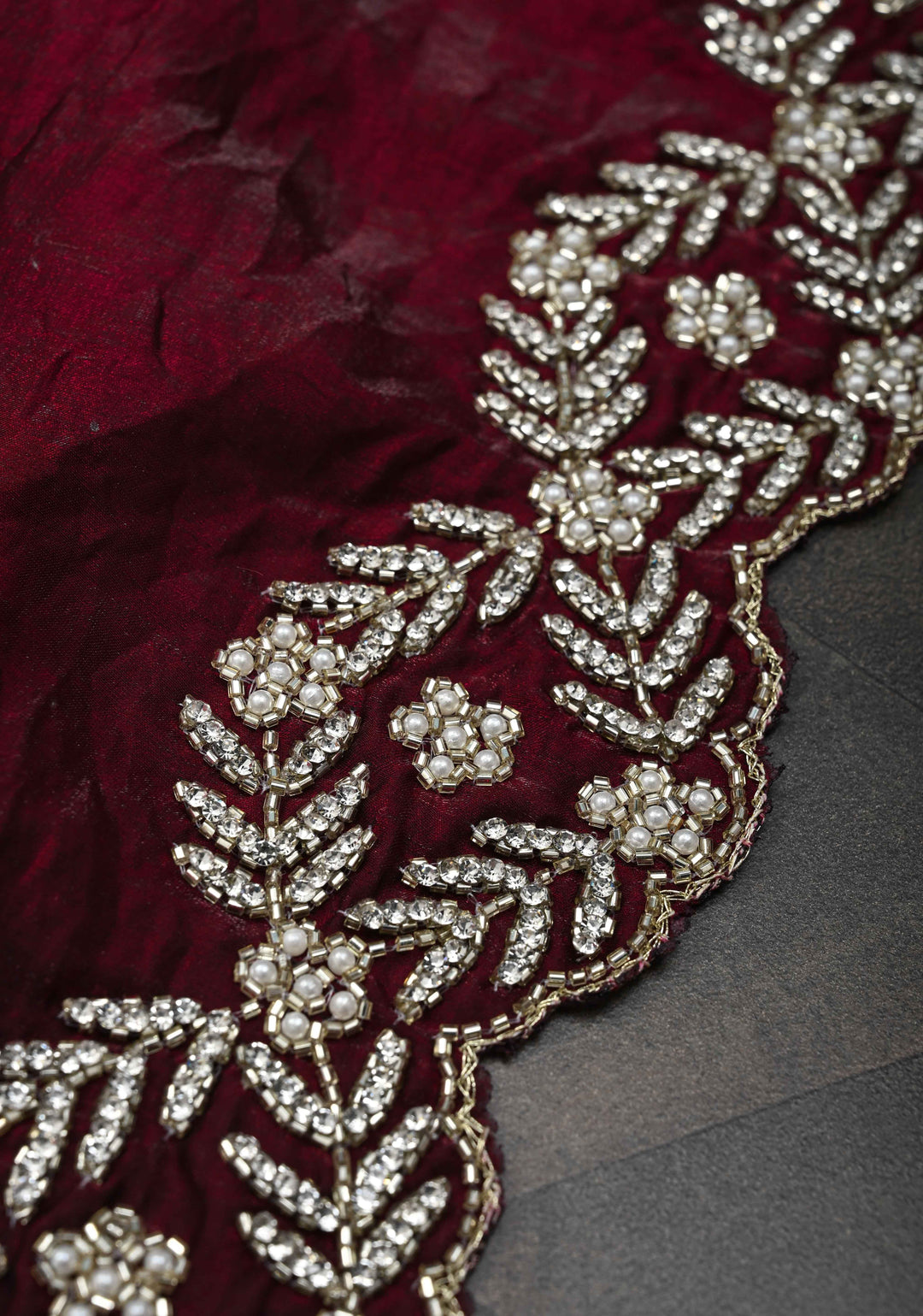 Maroon Shimmer Georgette Saree with Cutdana, Stone Work and moti work