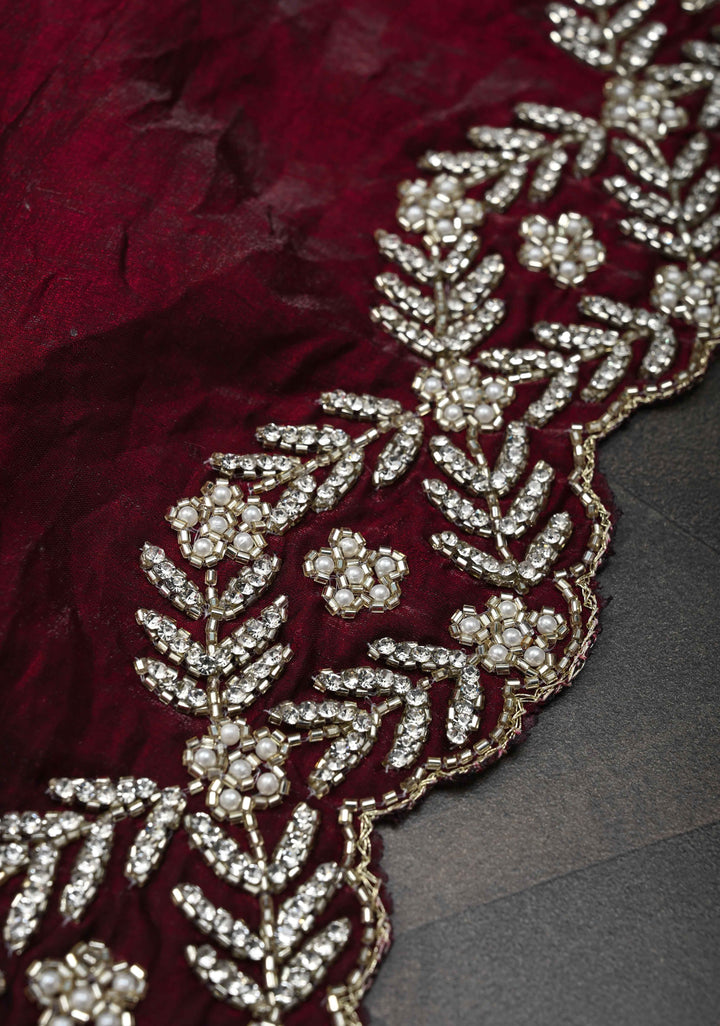 Maroon Shimmer Georgette Saree with Cutdana, Stone Work and moti work