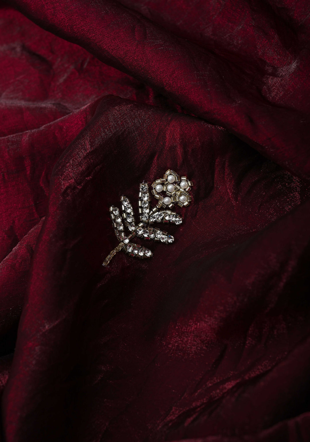 Maroon Shimmer Georgette Saree with Cutdana, Stone Work and moti work