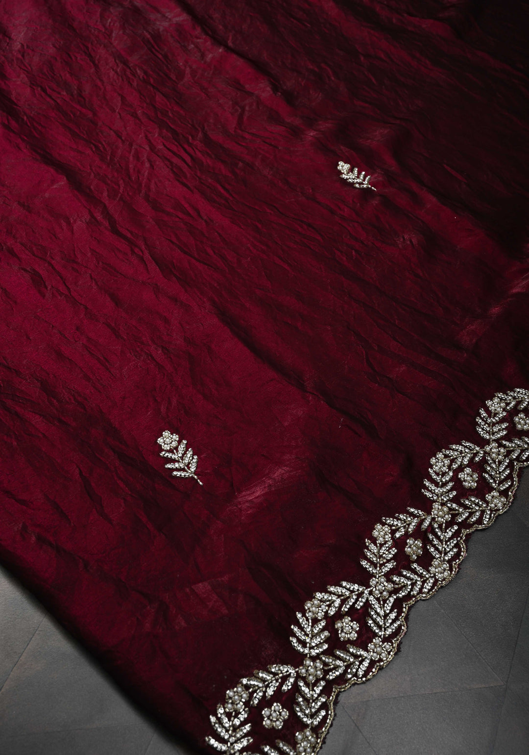 Maroon Shimmer Georgette Saree with Cutdana, Stone Work and moti work